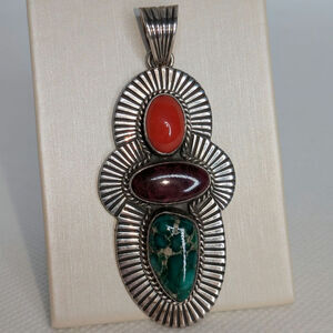 Alvin Lee AL Sterling Silver 3 Stone Multicolored Long Pendant Red Purple Green